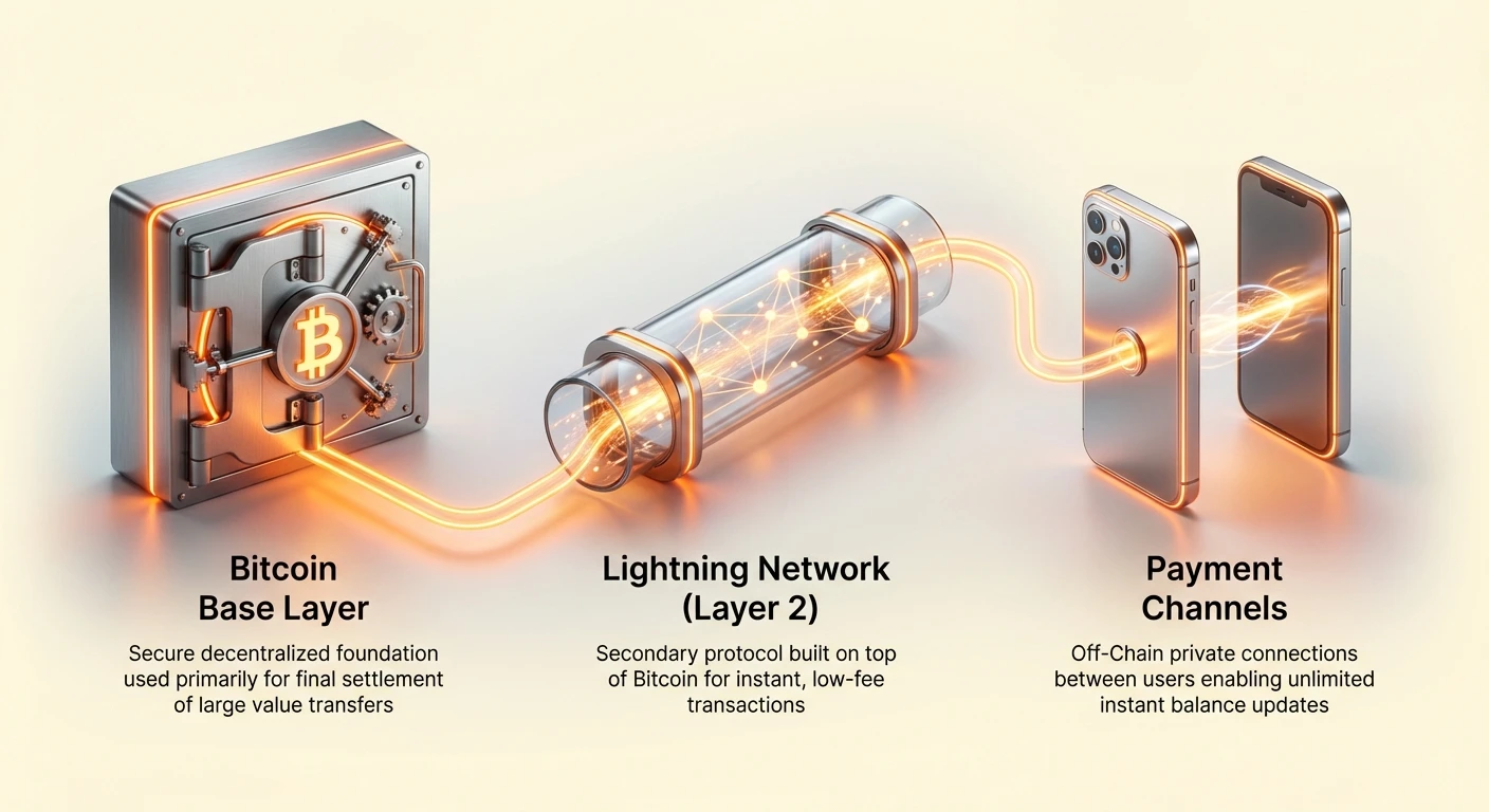 High-level infographic showing progression from Bitcoin base layer through Lightning Network to payment channels, core concepts overview.