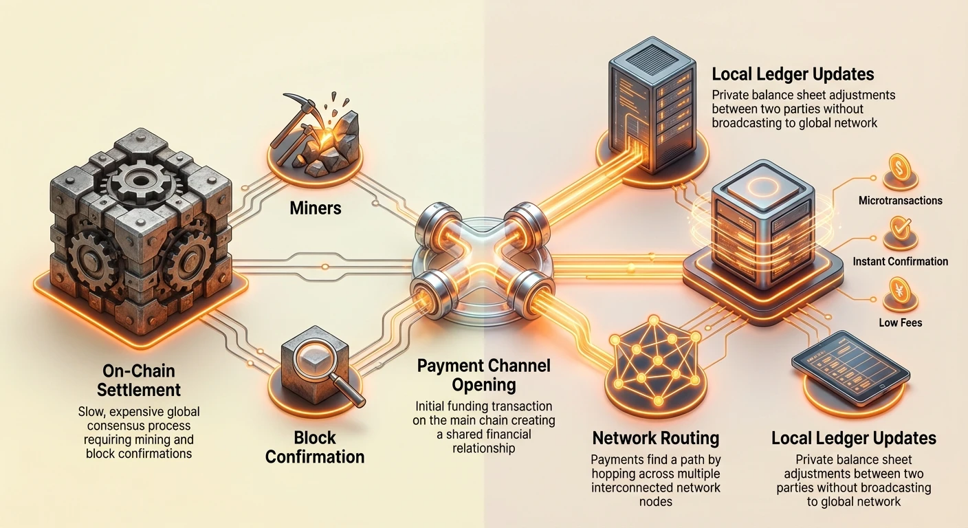 Detailed infographic comparing on-chain Bitcoin settlements and off-chain Lightning Network transactions, illustrating payment channels, routing, microtransactions, and instant confirmations benefits.