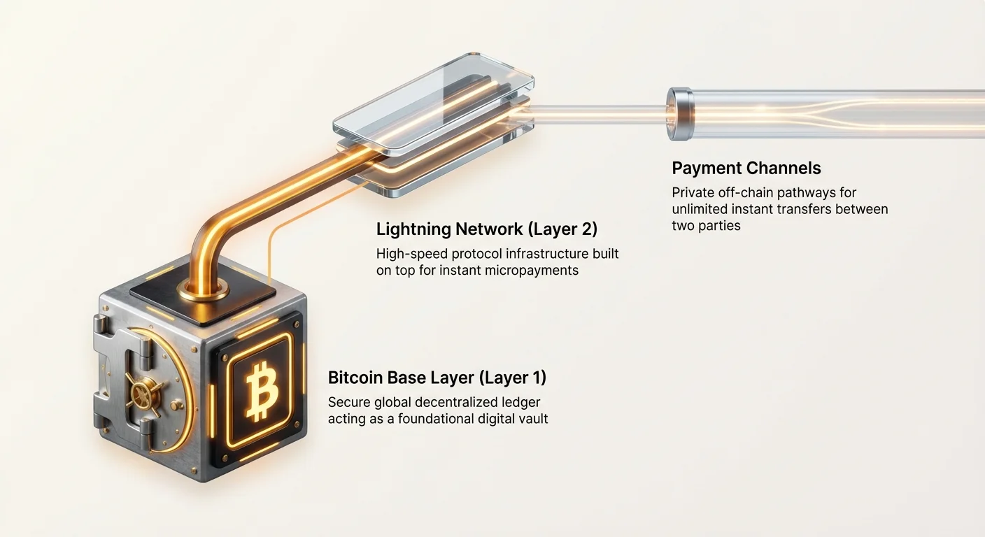 Infographic illustrating Bitcoin base layer as secure vault, Lightning Network as high-speed layer on top, and payment channels for instant off-chain transfers.