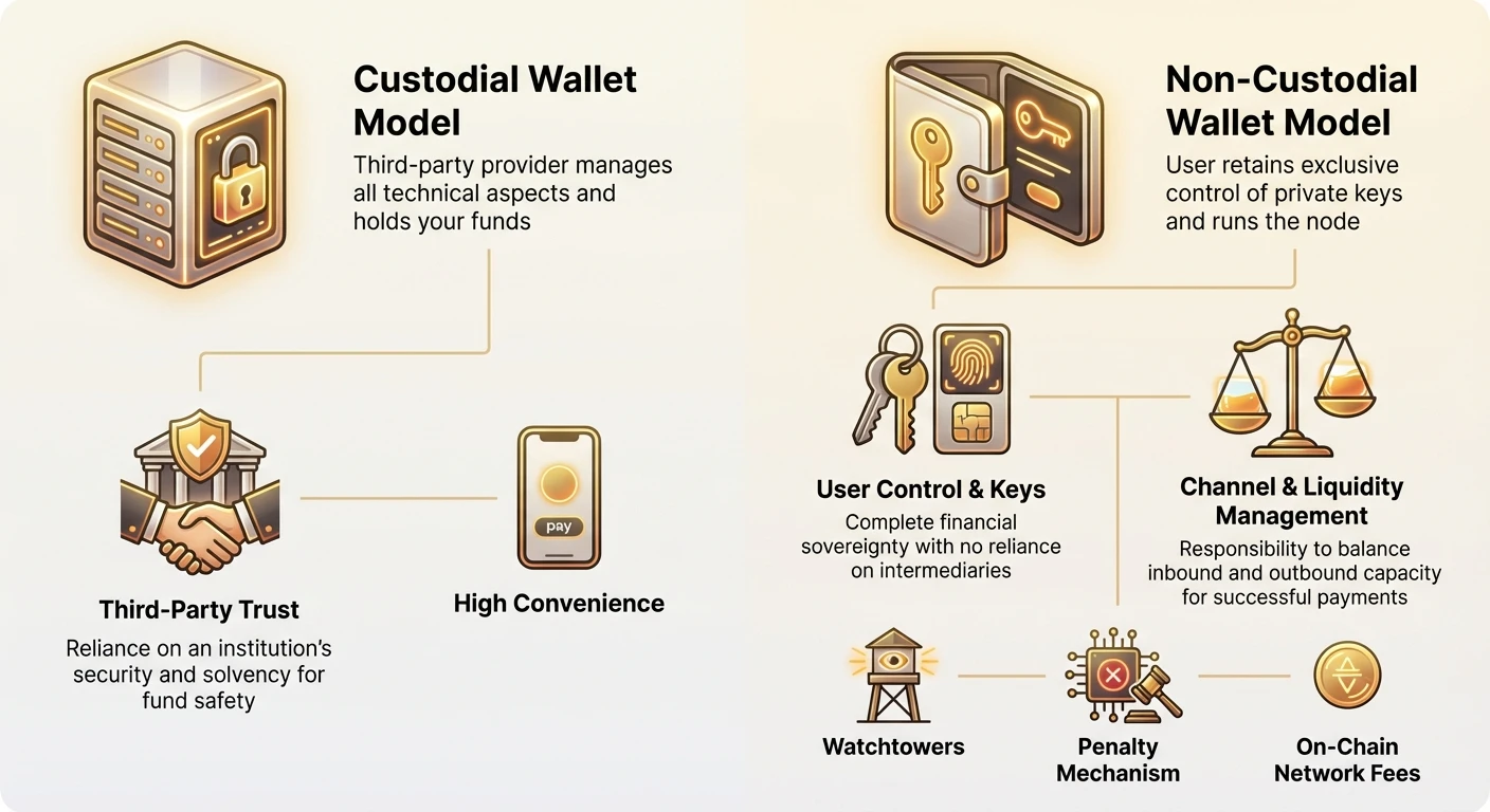 Infographic comparing custodial and non-custodial Bitcoin Lightning wallets, highlighting trust vs control, liquidity management, watchtowers, penalty mechanisms, and fees.