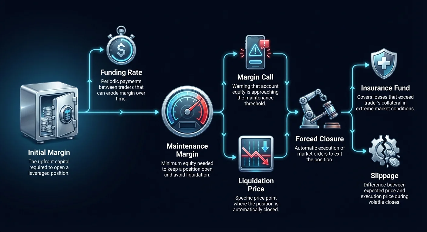 Infographic detailing the step-by-step liquidation process in crypto margin trading, including initial margin, maintenance margin, margin call, liquidation price, funding rate, forced closure, insurance fund, and slippage.