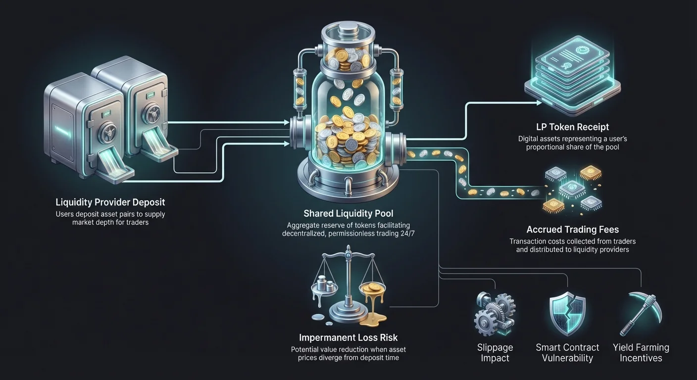 Infographic depicting liquidity provider lifecycle in AMM: depositing assets into shared pool, receiving LP tokens and trading fees, facing risks like impermanent loss, slippage, and smart contract vulnerabilities.