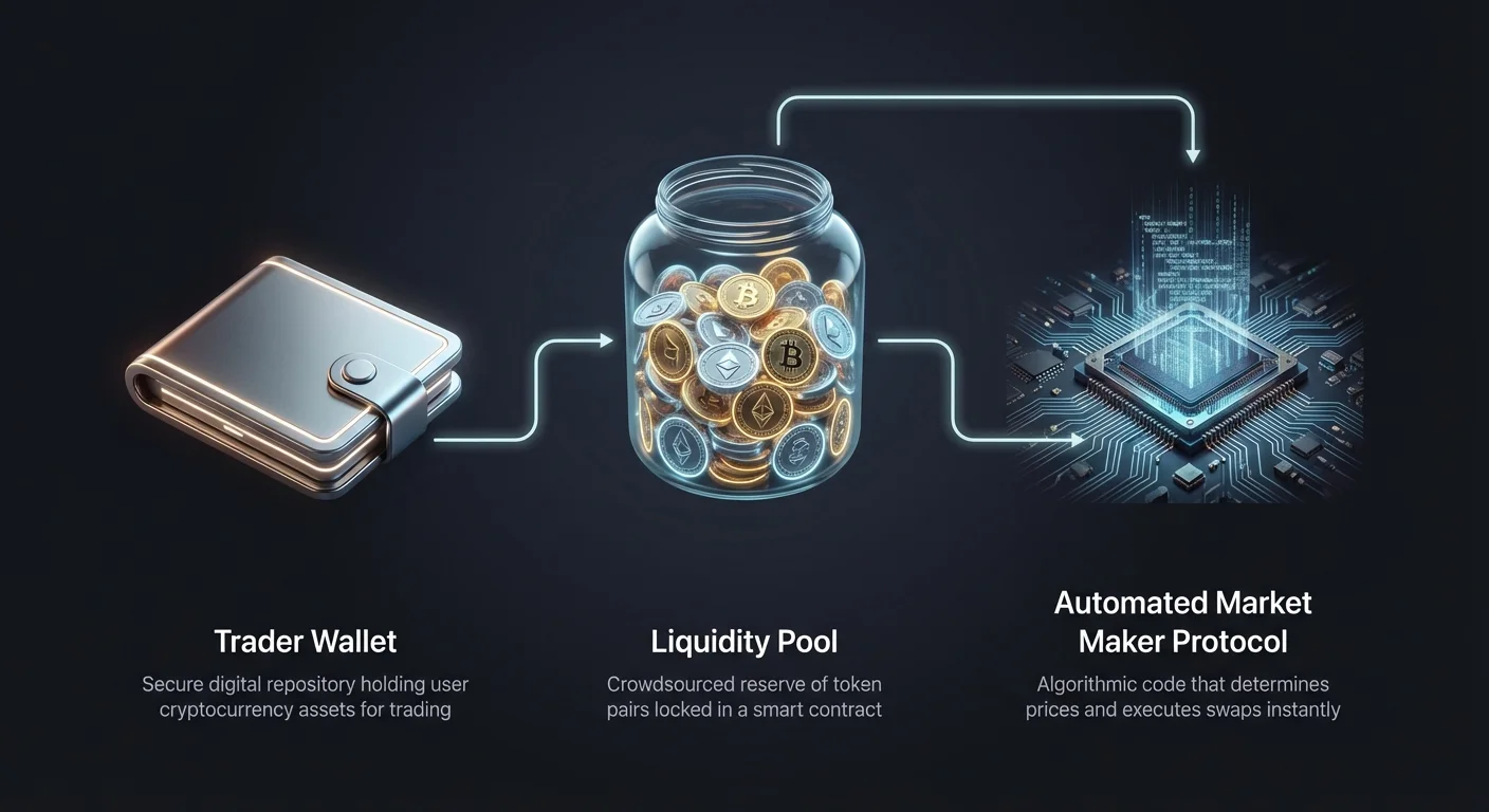 Simple infographic overview of Automated Market Maker trade: trader wallet connects to liquidity pool via protocol for instant crypto swaps.