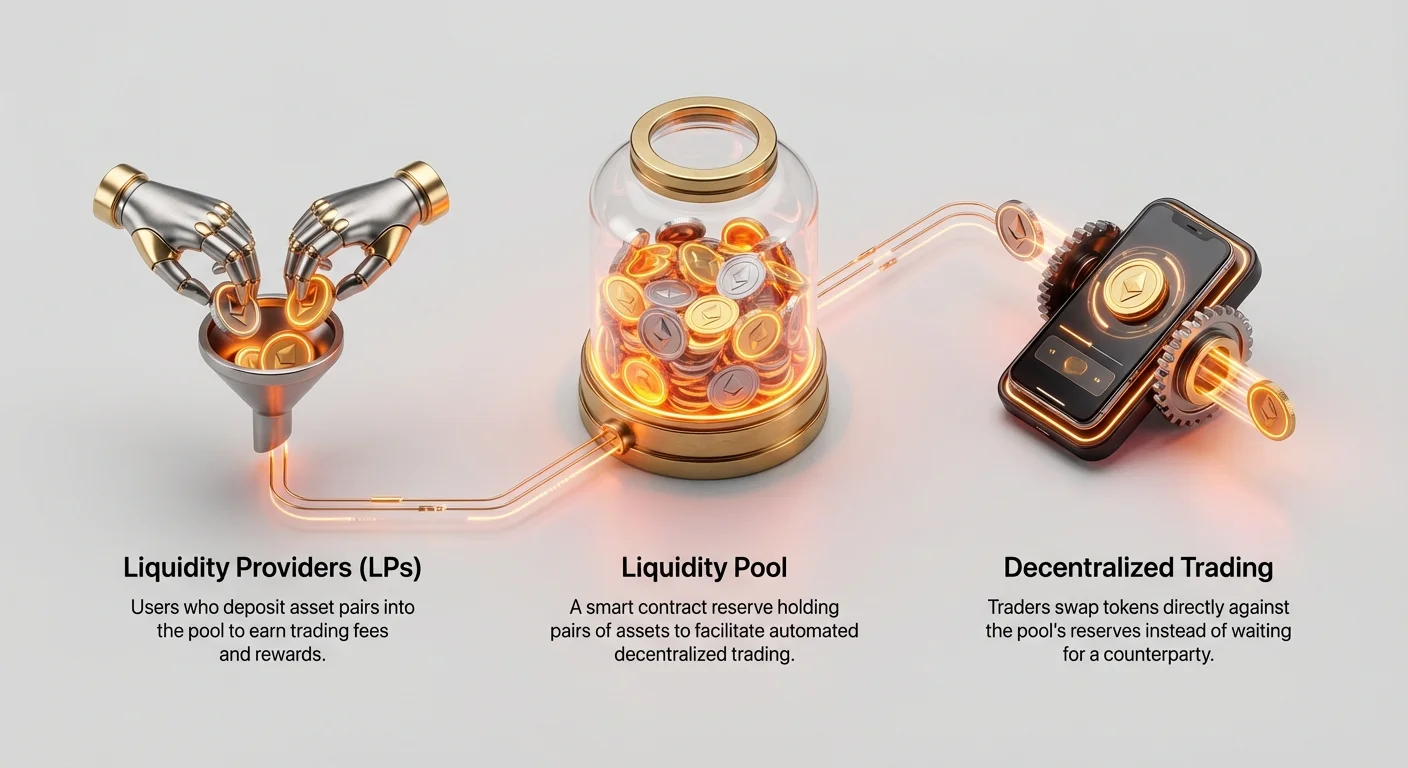 Infographic diagram of liquidity pools in DeFi: providers deposit asset pairs into a central smart contract pool, enabling traders to swap tokens directly without counterparties.