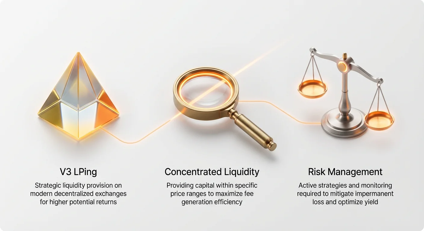 High-level infographic introducing V3 liquidity provision framework, connecting strategic LPing, concentrated liquidity mechanics, and active risk management in a clean layout.