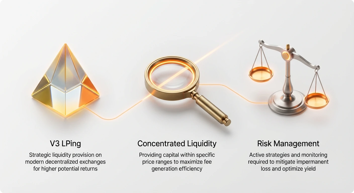 High-level infographic introducing V3 liquidity provision framework, connecting strategic LPing, concentrated liquidity mechanics, and active risk management in a clean layout.