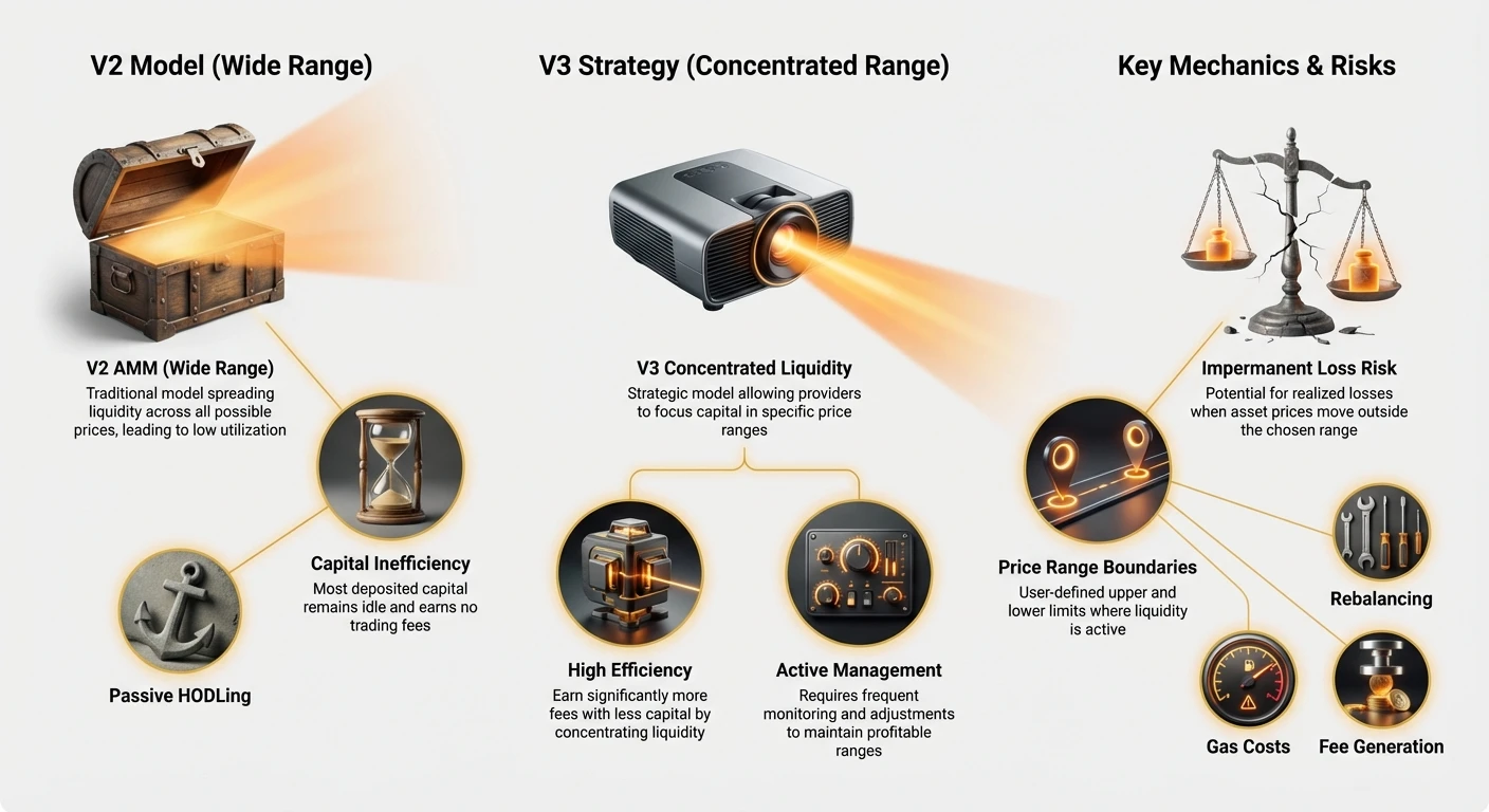 Infographic comparing V2 traditional AMM and V3 concentrated liquidity strategies, highlighting capital efficiency differences, impermanent loss risks, and active management needs.