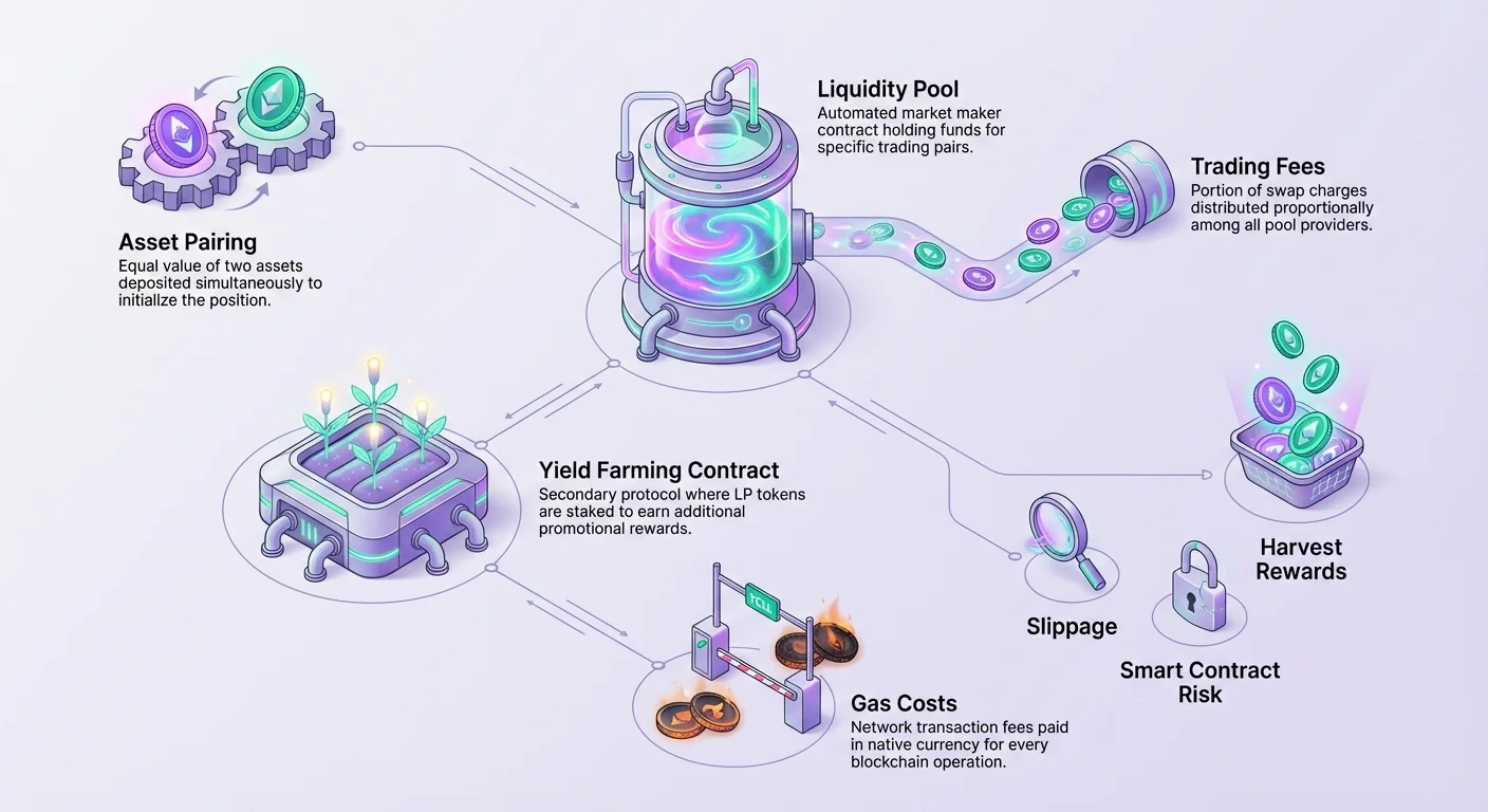 Detailed diagram showing the complete decentralized exchange ecosystem, from asset pairing and fees to yield farming processes and associated costs.