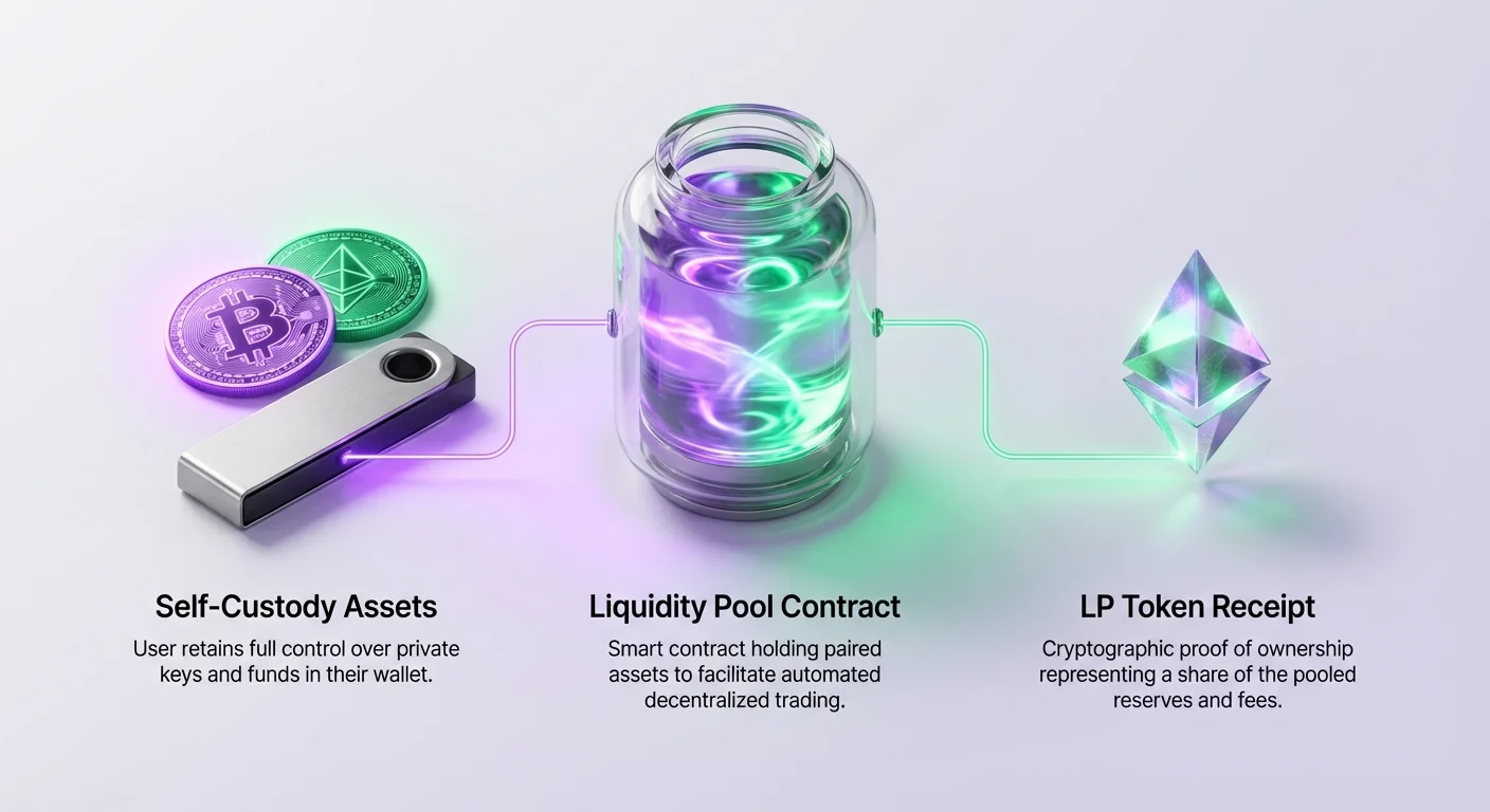 High-level diagram showing a user depositing self-custody assets into a decentralized exchange liquidity pool and receiving a receipt token in return.