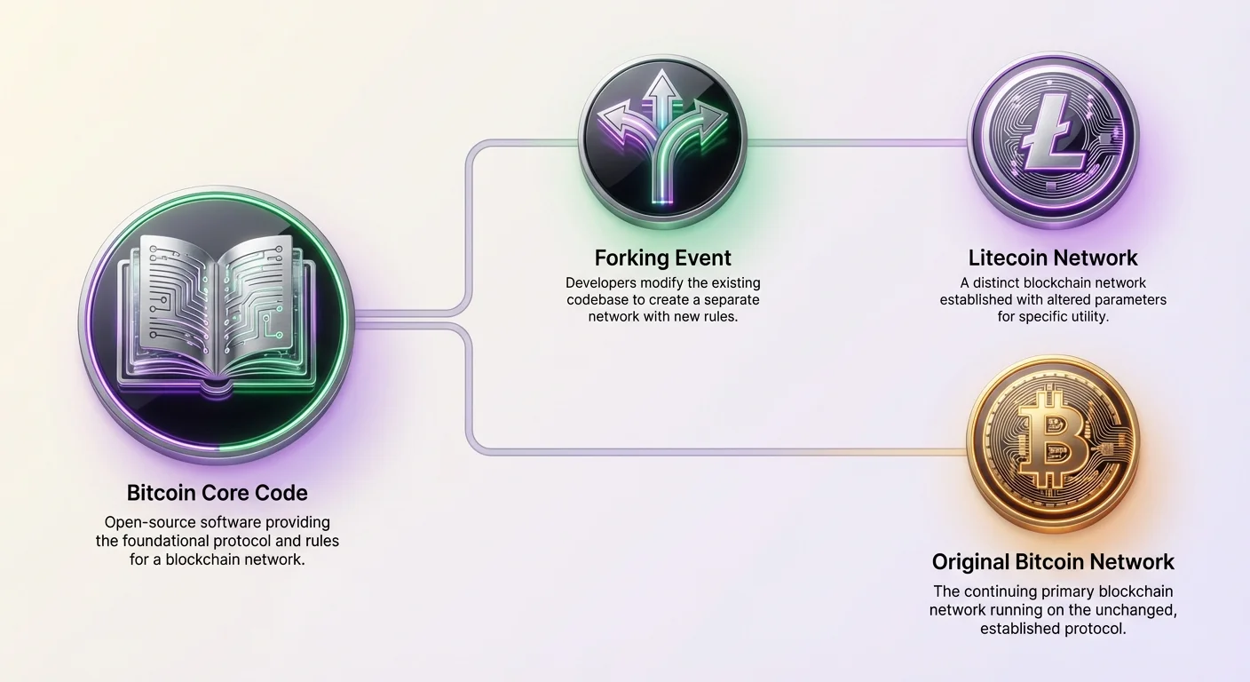 High-level infographic showing Bitcoin codebase splitting into separate Bitcoin and Litecoin networks with distinct purposes and technical paths.
