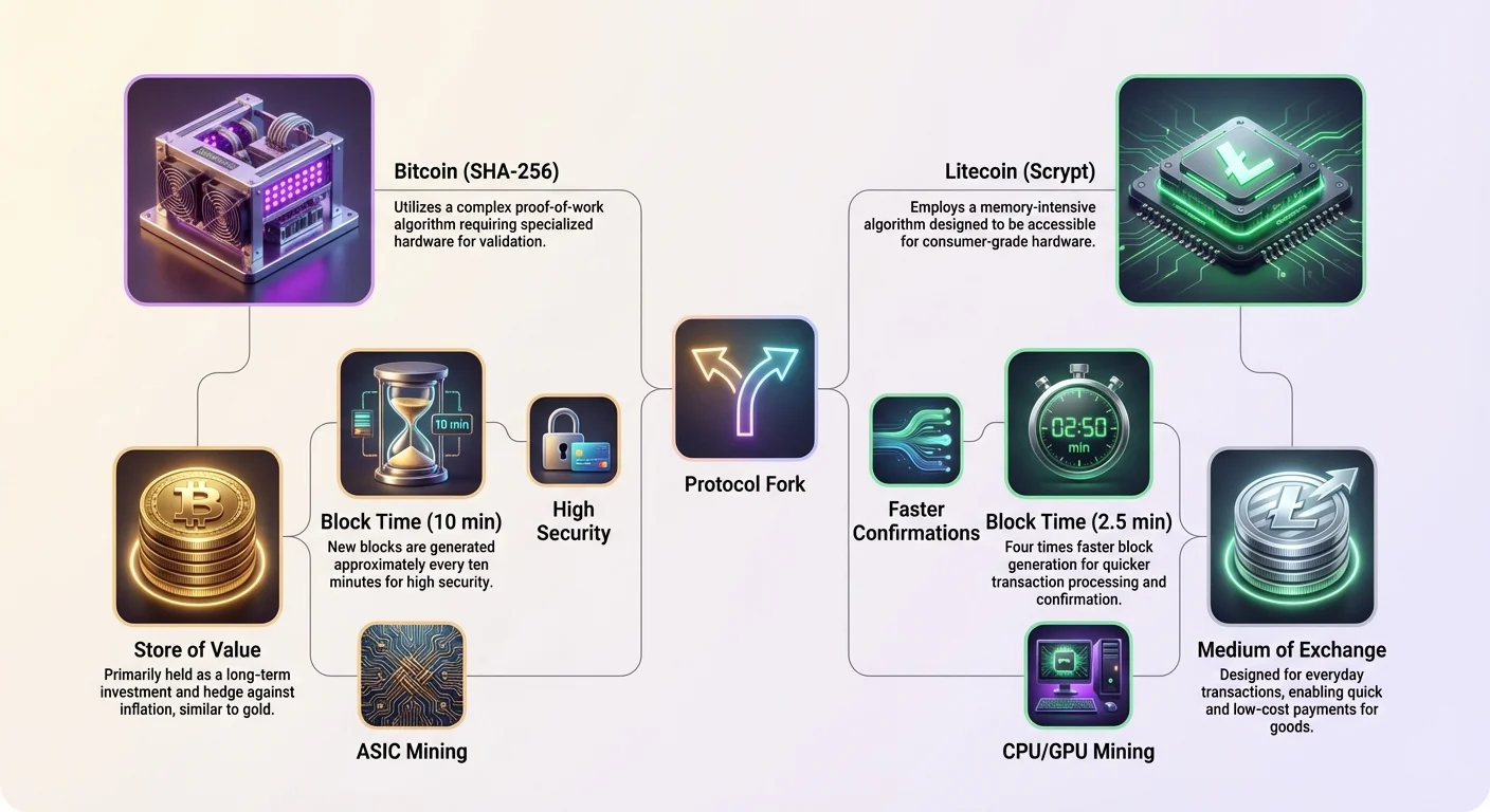 Split-view infographic comparing Bitcoin and Litecoin after the fork, contrasting store of value vs. medium of exchange roles, plus block time and mining algorithm differences.