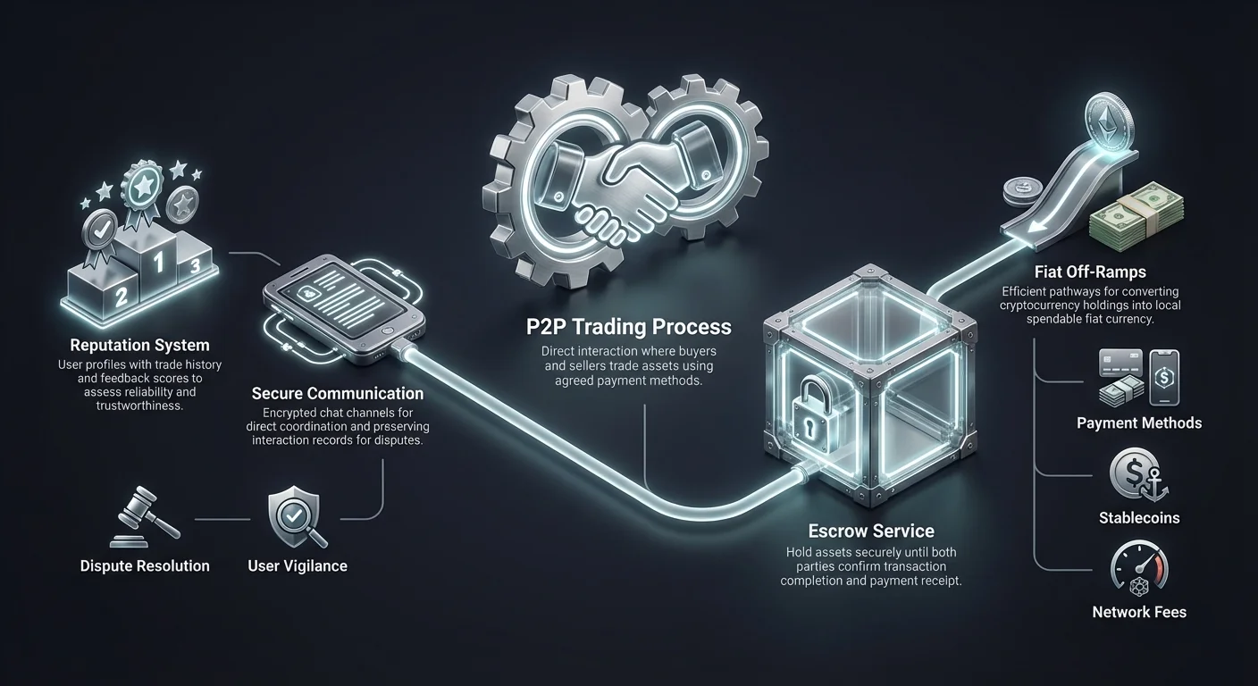 Detailed infographic diagram explaining core trading process, escrow mechanism, security measures, and practical utilities of P2P cryptocurrency platforms.