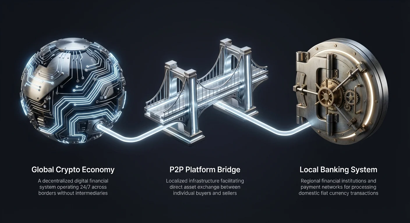 High-level infographic overview of P2P platforms bridging global cryptocurrency economy with local traditional banking systems.