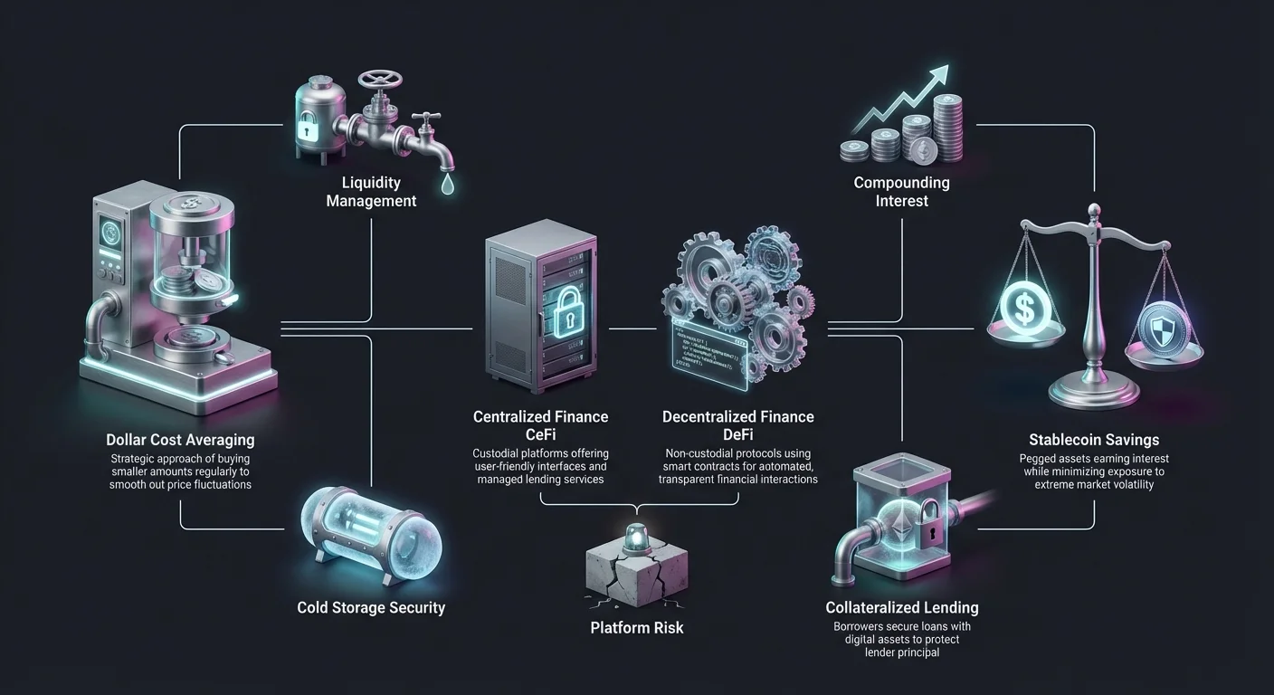 Comprehensive infographic with split-view layout contrasting security strategies and yield mechanisms in low-risk crypto, bridged by financial platforms and highlighting risks.