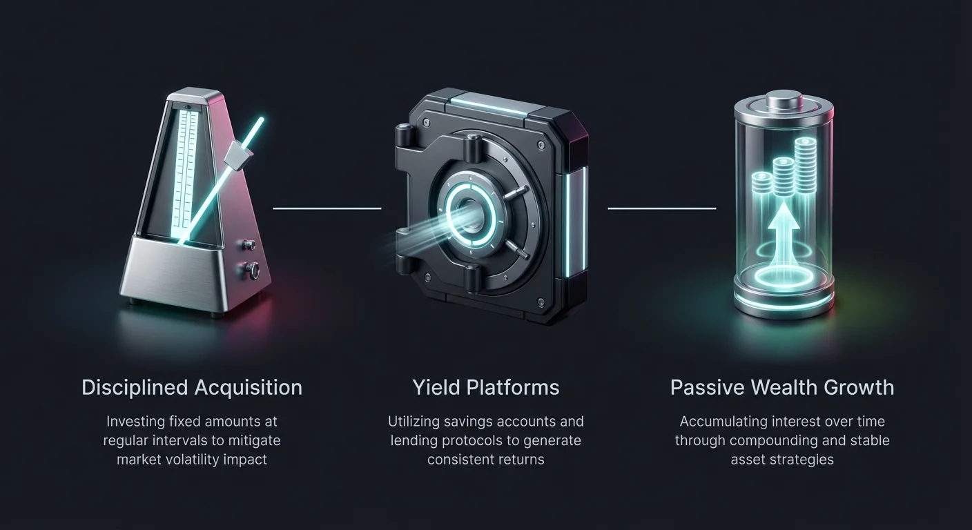 High-level overview of passive income process in low-risk crypto yields, from disciplined asset acquisition through yield platforms to passive wealth growth.