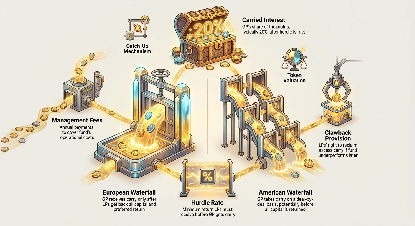 Detailed isometric infographic comparing European and American waterfall distributions in crypto VC funds, with icons explaining carried interest, hurdle rate, and clawback provisions.