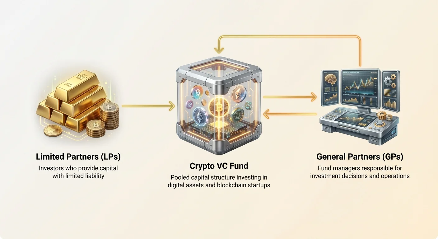 High-level infographic overview of Crypto VC Fund structure, showing capital flow from Limited Partners (LPs) to fund managed by General Partners (GPs) with photorealistic icons, gradient background, and neon accents.