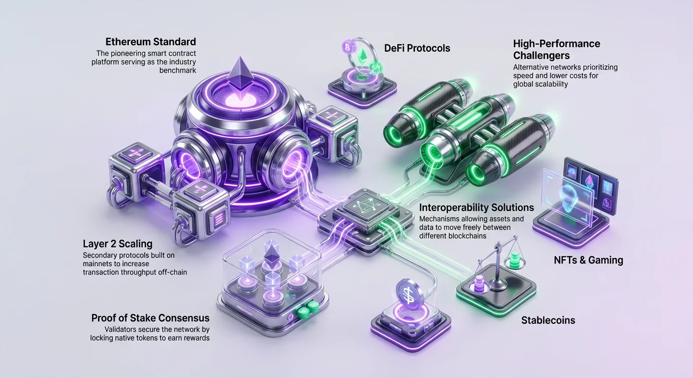 Detailed infographic comparing Ethereum standard with high-performance Layer 1 challengers, Layer 2 scaling, Proof of Stake consensus, interoperability, DeFi, NFTs, gaming, and stablecoins.