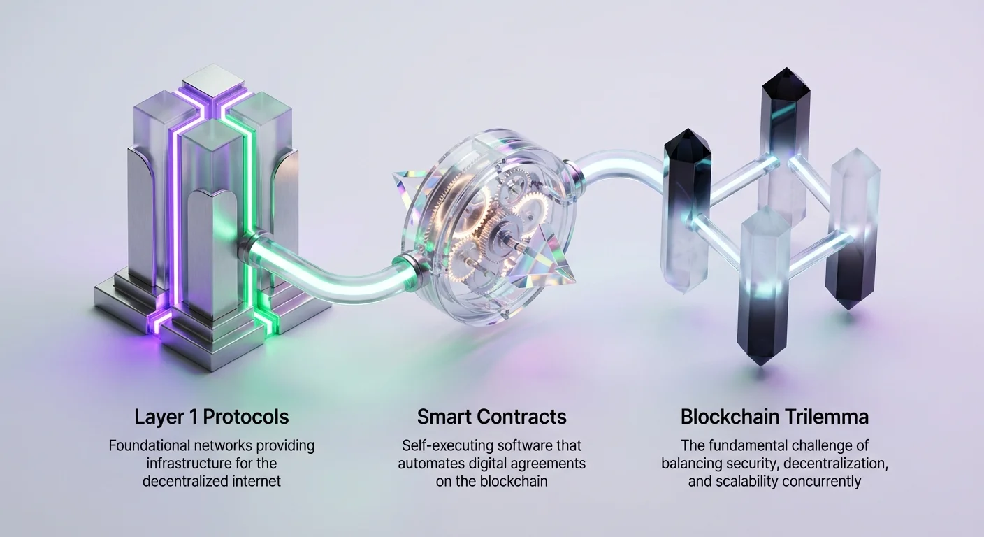 Infographic overview of Layer 1 protocols as foundational decentralized networks, smart contracts automating digital agreements, and the blockchain trilemma balancing security, decentralization, and scalability.
