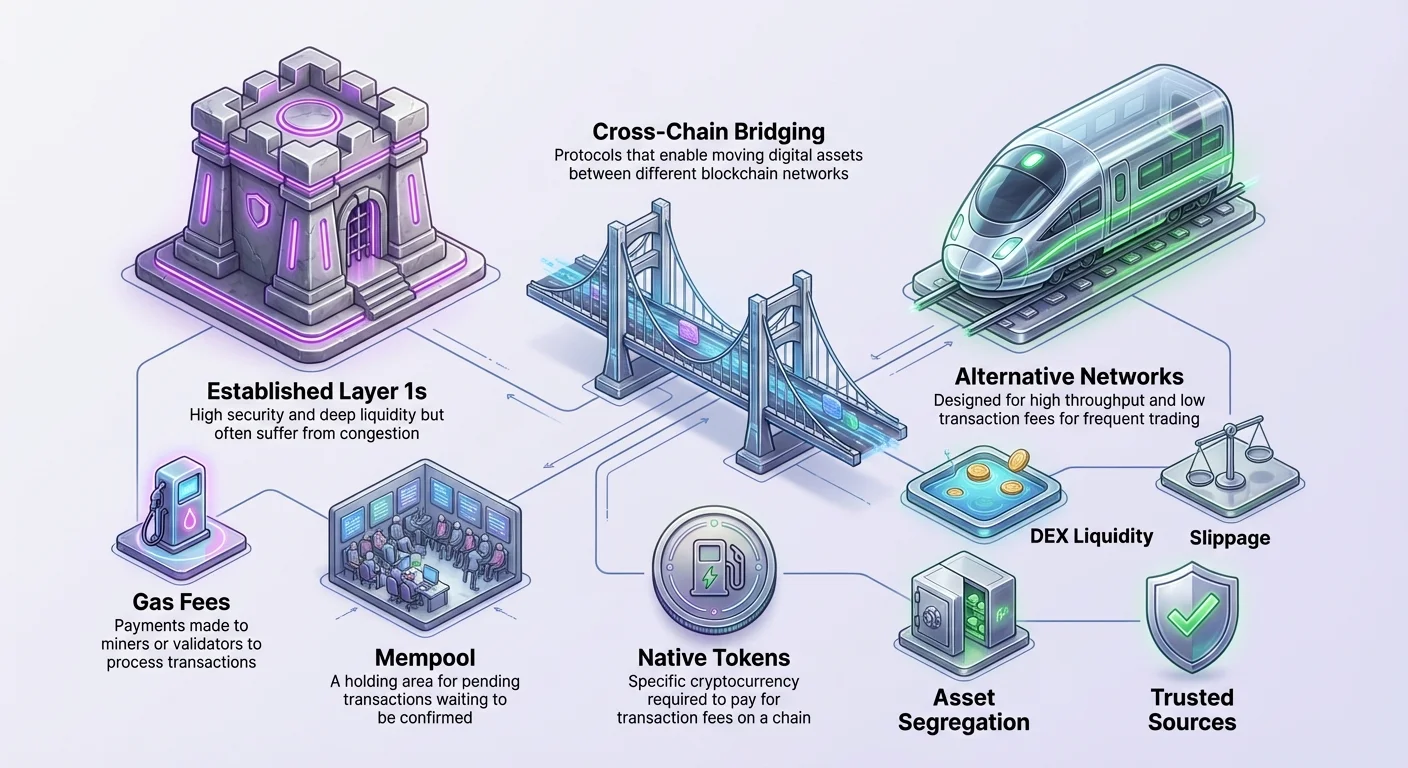 Detailed infographic comparing secure but congested established Layer 1 blockchains with fast but less liquid alternative networks, connected by cross-chain bridging, featuring gas fees, mempool, and native tokens.