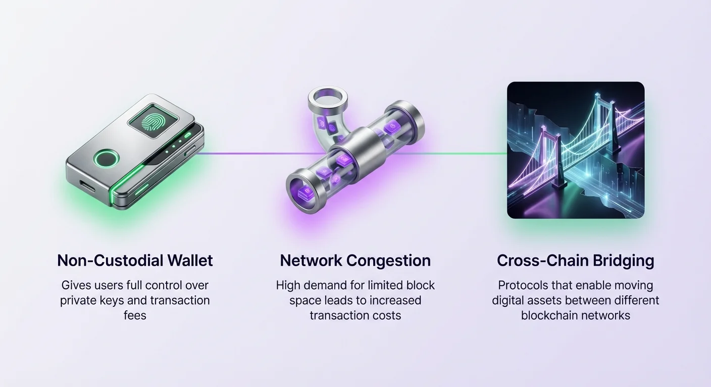 Icons of wallet, network congestion, and cross-chain bridging connected by a flow line, illustrating core components for managing crypto assets across networks.