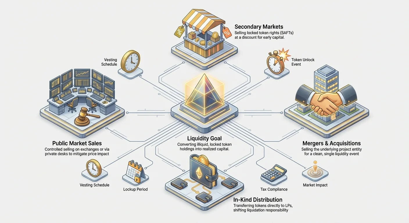 Detailed infographic showing central liquidity goals for crypto VCs, with various exit strategies, influencing factors, and portfolio management approaches.