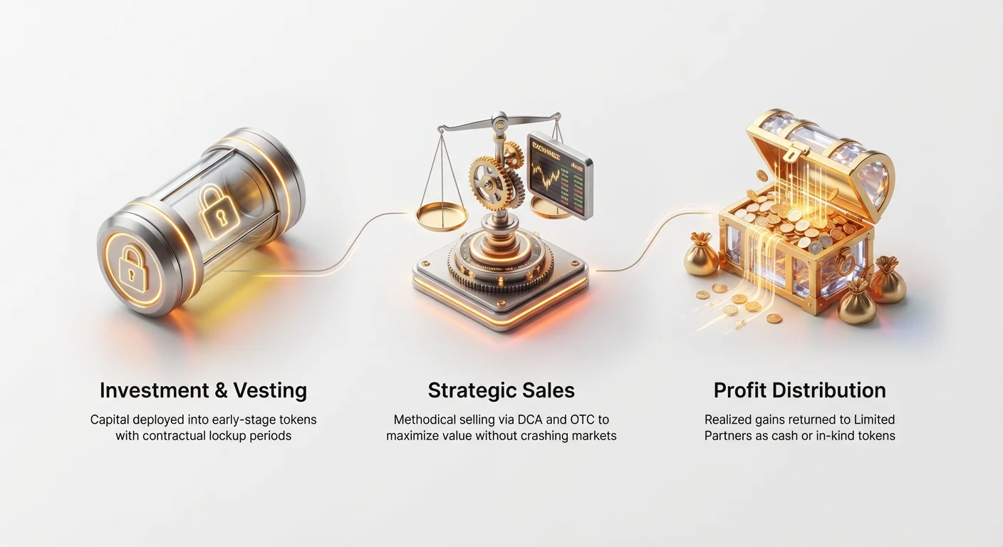 High-level overview of crypto VC investment lifecycle, from initial capital deployment through stages to final profit realization.