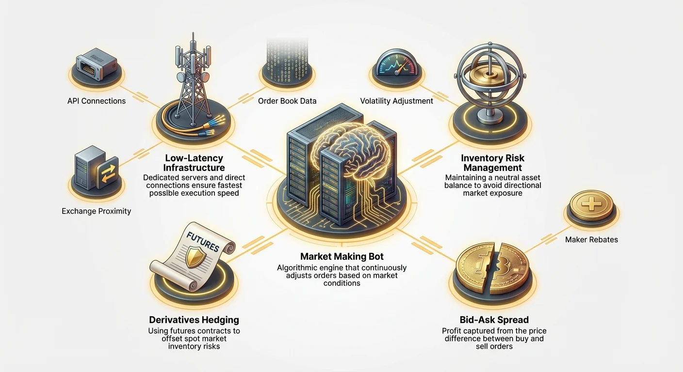 Hub-and-spoke diagram illustrating crypto market making bot and inventory risk management at center, linked to bid-ask spread, low-latency infrastructure, derivatives hedging, and inputs like API connections, order book data, maker rebates, co-location, and volatility adjustment.