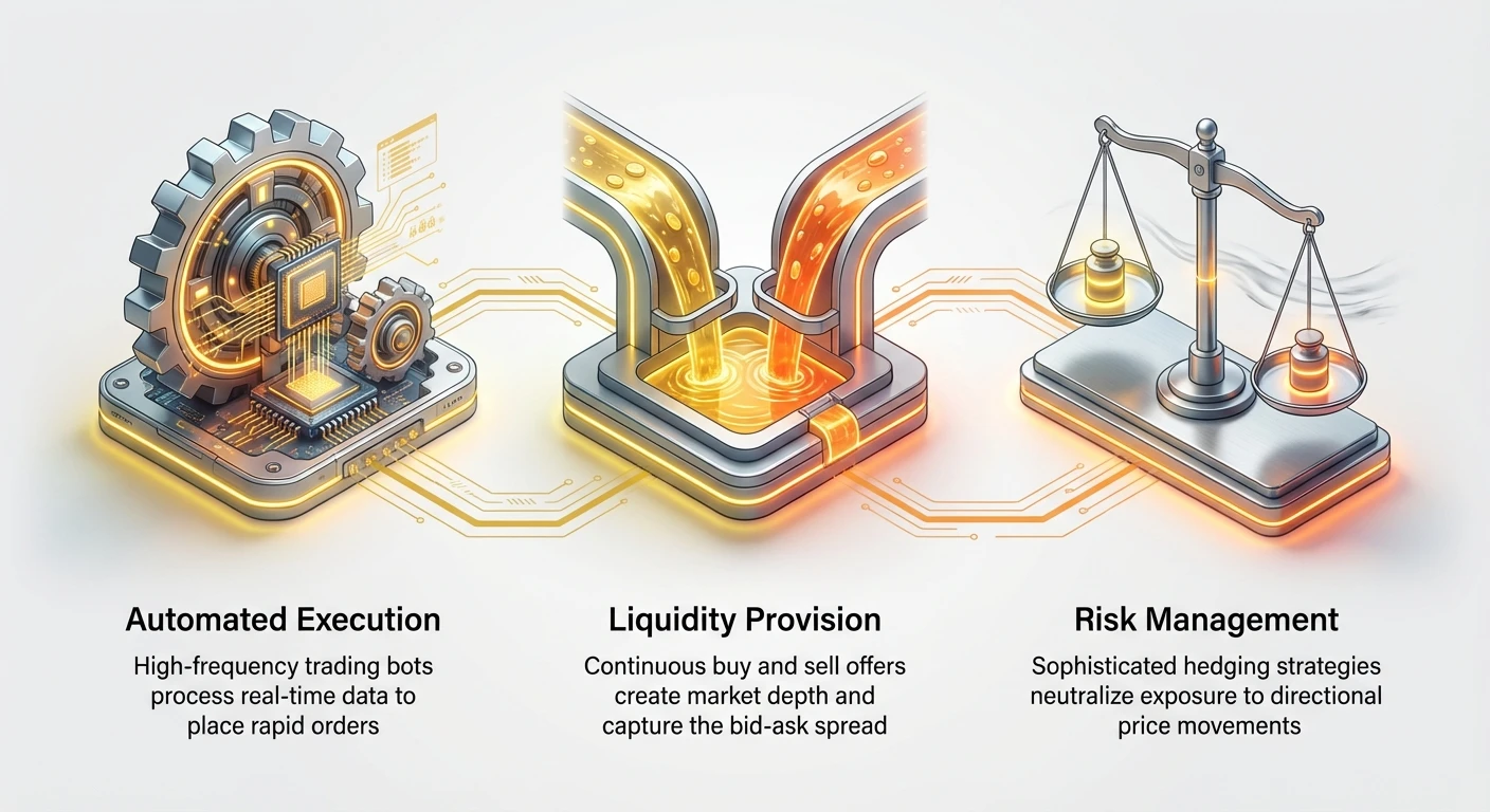 Infographic showing three pillars of crypto market making: automated execution via high-frequency bots, liquidity provision capturing bid-ask spread, and risk management with hedging strategies.