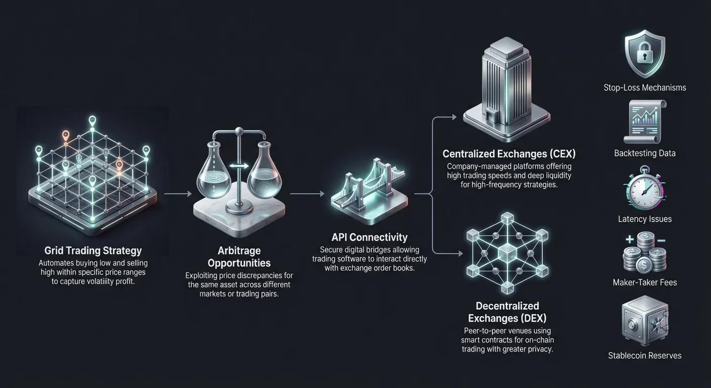 Detailed infographic showing grid trading and arbitrage strategies connected via API to CEX and DEX exchanges, with risk management nodes for stop-loss, backtesting, latency, fees, and stablecoins.