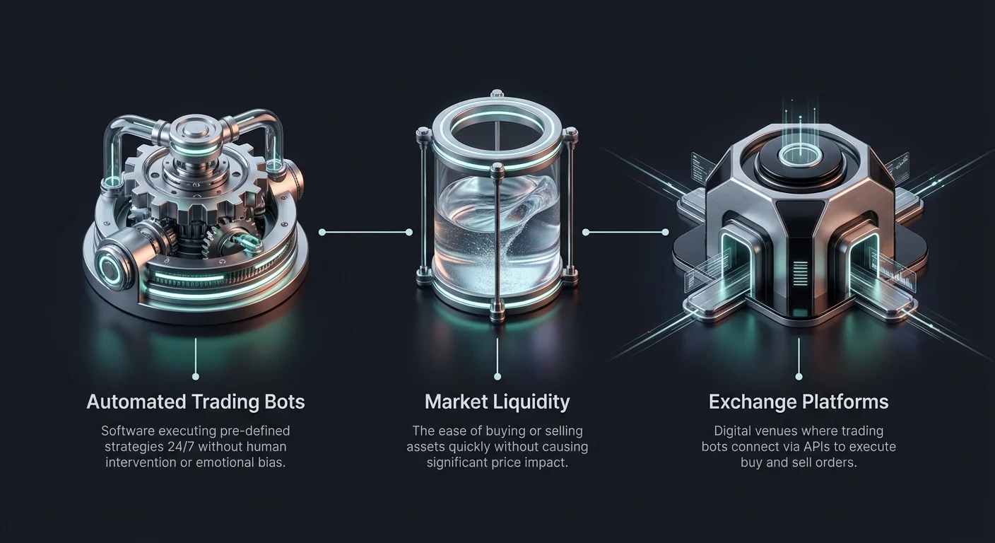 Infographic illustrating cryptocurrency automated trading ecosystem: gears for bots executing strategies, fluid container for market liquidity, futuristic hub for exchanges, connected by digital data flows with key definitions.