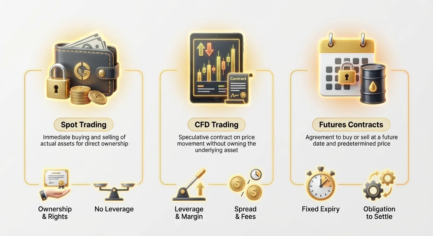 Detailed infographic comparing CFD trading with spot trading and futures contracts, highlighting key mechanics, differences, and using a clear comparison layout.