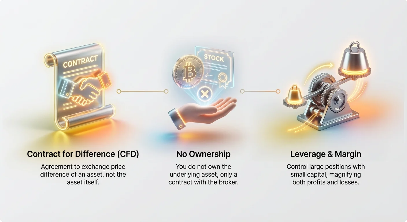High-level infographic summarizing Contracts for Difference (CFDs), core contract concepts, non-ownership of assets, and leverage in trading.