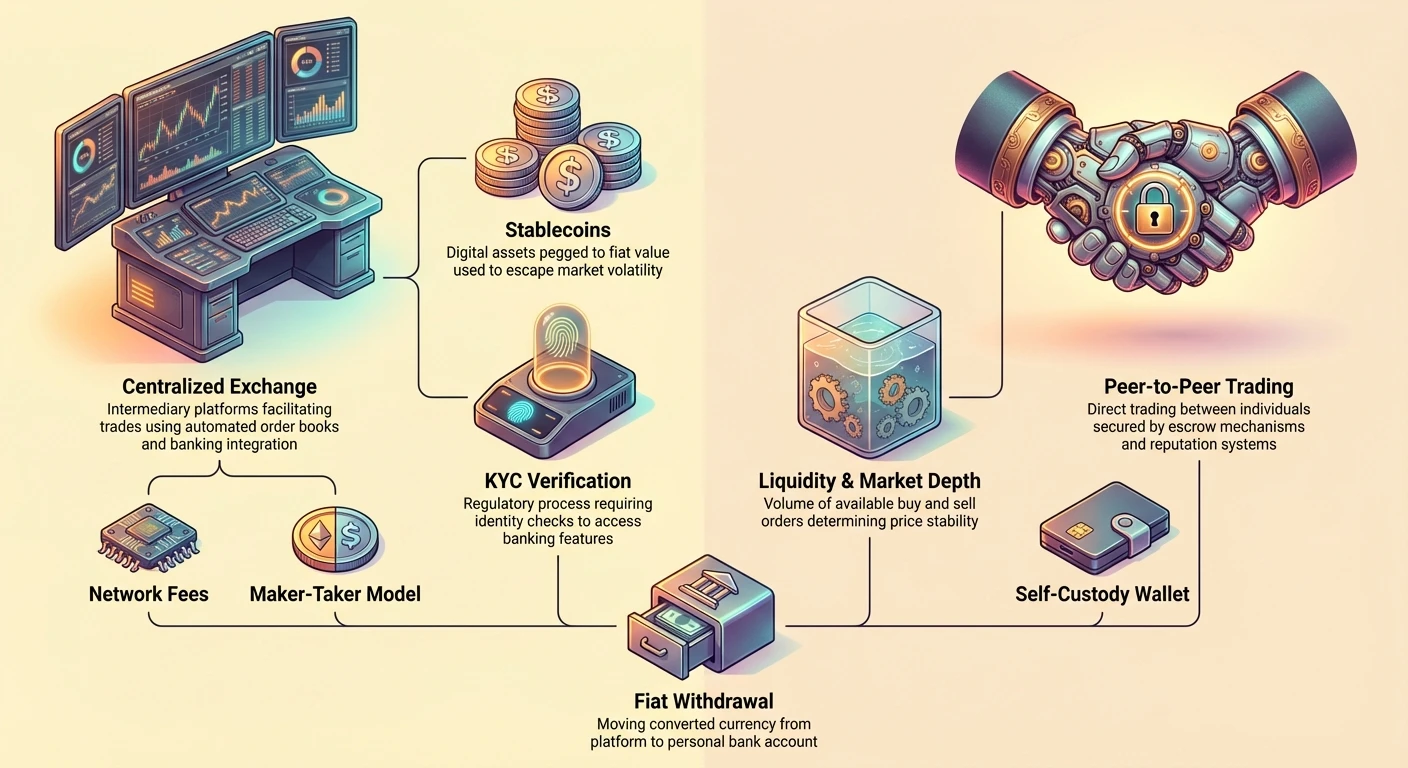 Detailed infographic contrasting centralized exchanges and peer-to-peer trading for crypto off-ramping to fiat, featuring stablecoins, KYC, liquidity, and withdrawal steps.
