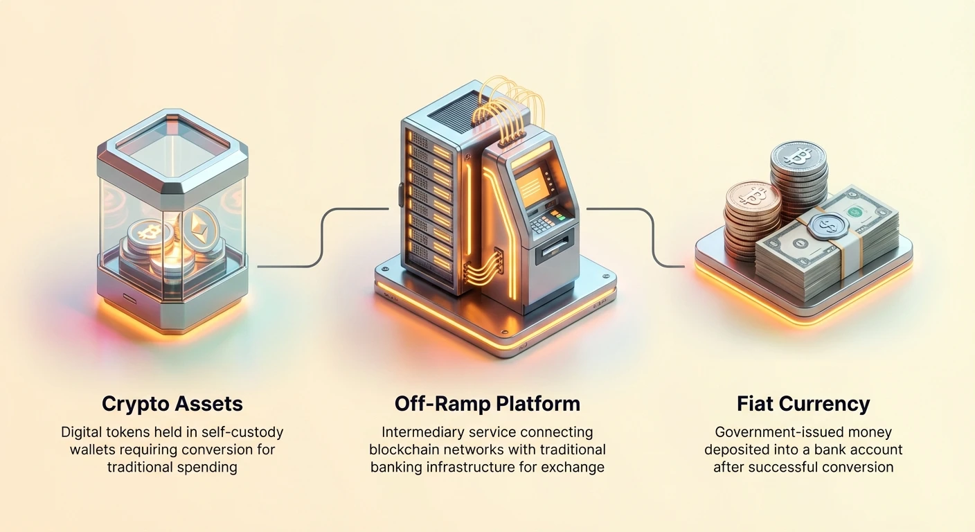 High-level infographic summarizing the core off-ramping process from holding crypto assets to receiving fiat currency in a bank account using a clean three-node flow diagram.