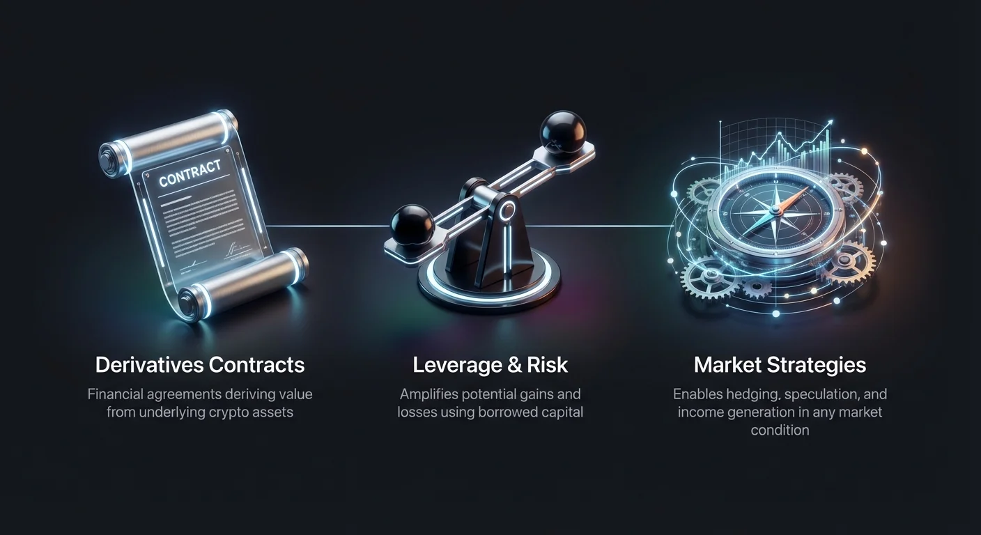 High-level infographic summarizing three key crypto derivatives concepts: contract nature, leverage with risks, and enabled market strategies for options trading.