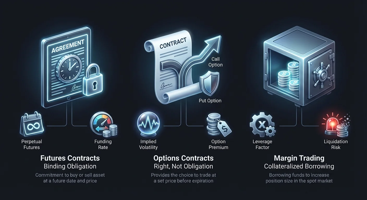 Infographic detailing crypto derivatives: futures as binding contracts, options as right but not obligation, and margin trading as collateralized borrowing with key characteristics highlighted.
