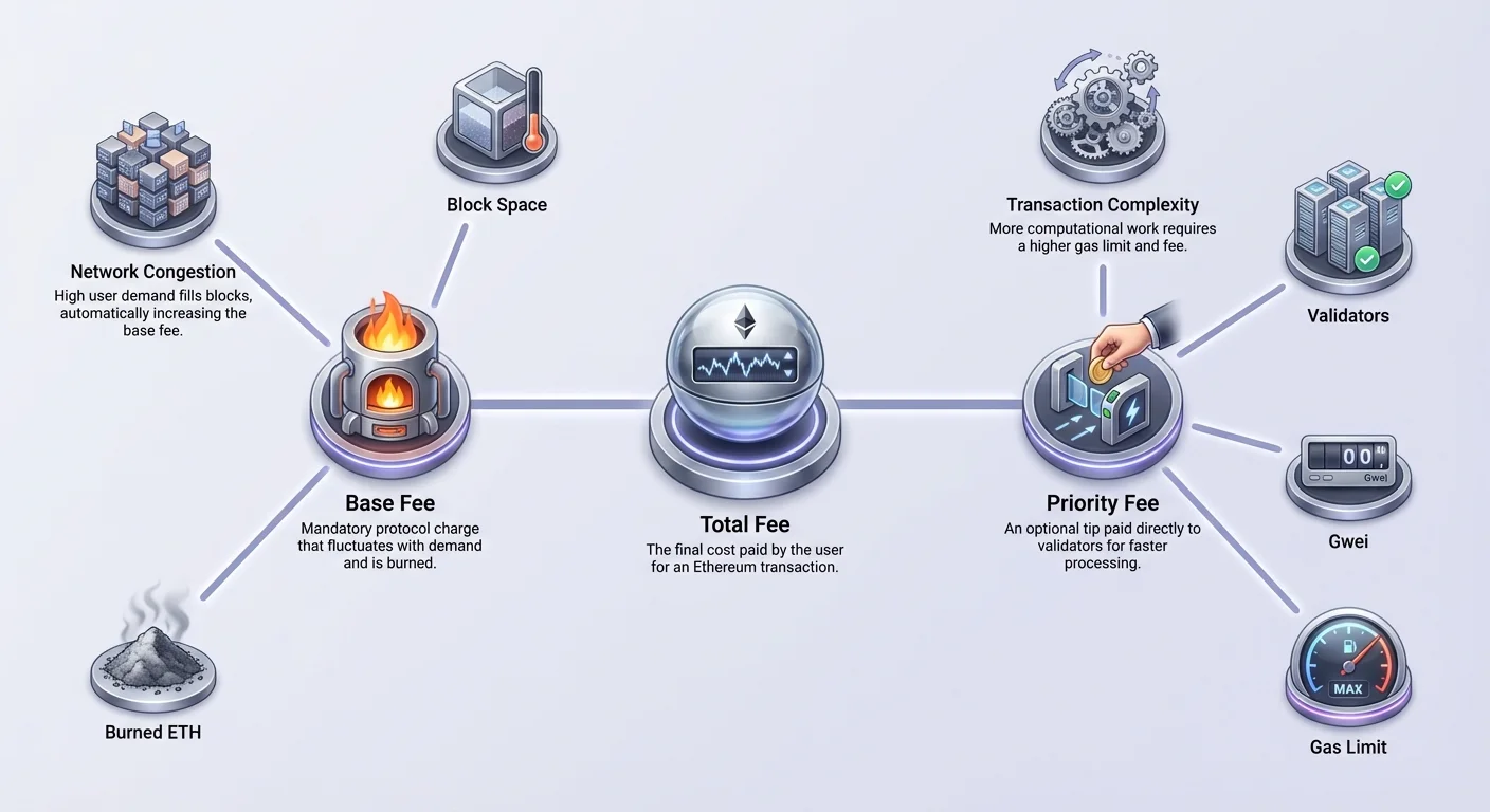 Infographic with central Total Fee hub splitting into Base Fee (burned, rises with congestion) and Priority Fee (validator tip), plus transaction complexity, burned ETH, block space, validators, Gwei, gas limit.