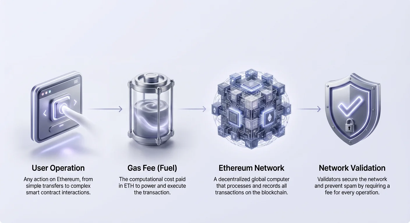 Simple infographic illustrating Ethereum basics: user operations like transfers, gas fees as ETH fuel, decentralized Ethereum network, and validator network validation to prevent spam.