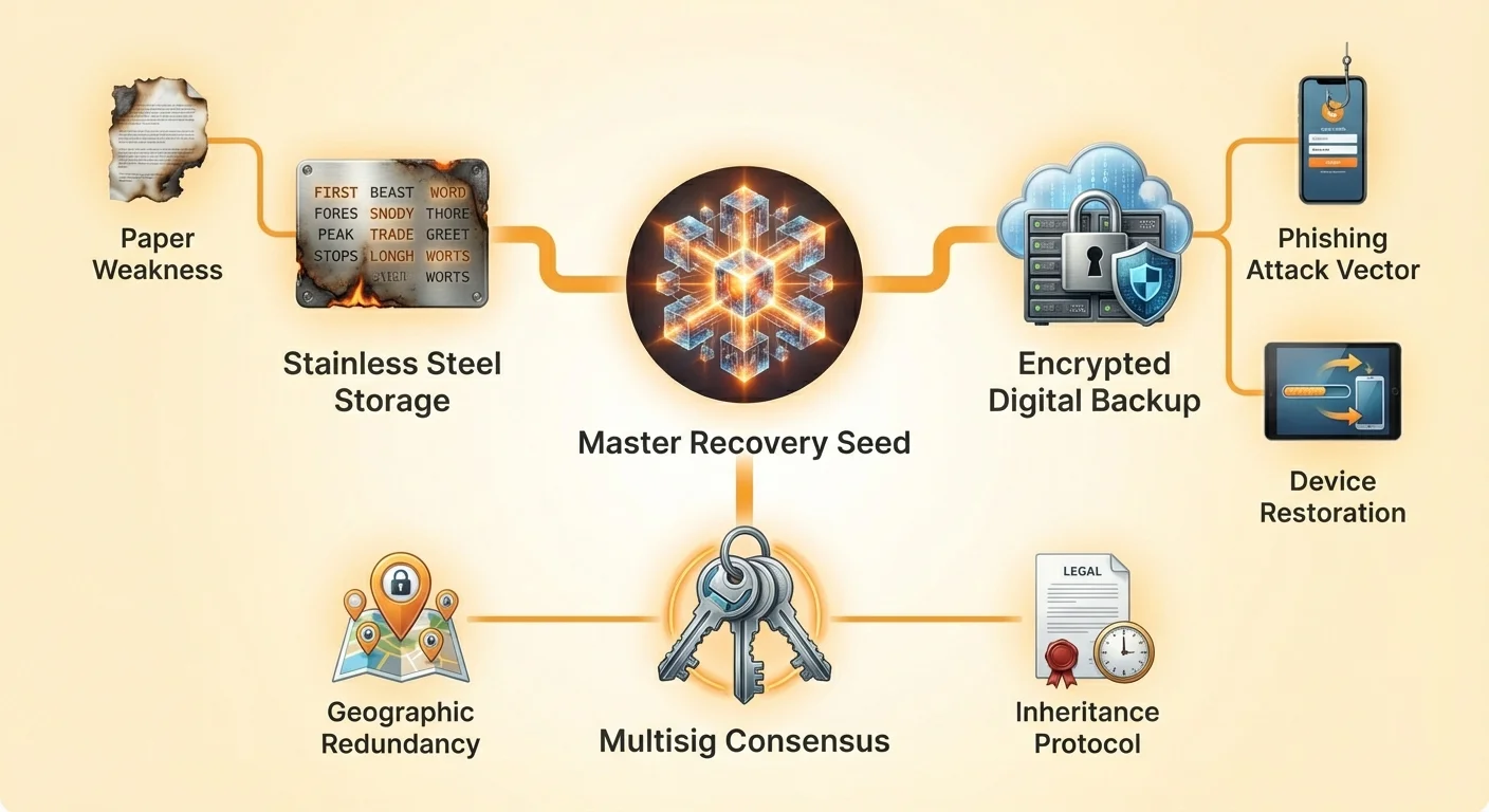 Detailed infographic mapping seed phrase ecosystem: central Master Recovery Seed branches to stainless steel storage, encrypted backups, multisig consensus, paper weakness, phishing threats, and more.