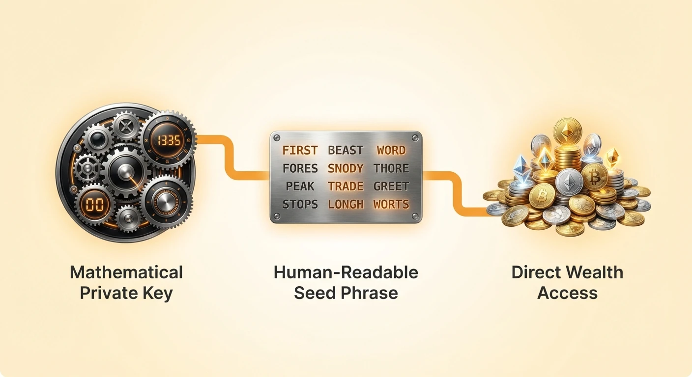 Visual flow diagram transforming complex mathematical private key into human-readable seed phrase for direct cryptocurrency wealth access.