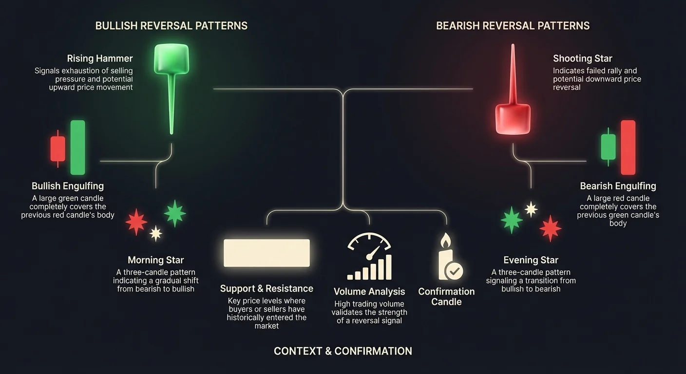 Infographic comparing bullish reversals like rising hammer, bullish engulfing, morning star, and bearish ones like shooting star, bearish engulfing, evening star, with support, resistance, volume, and confirmation details.