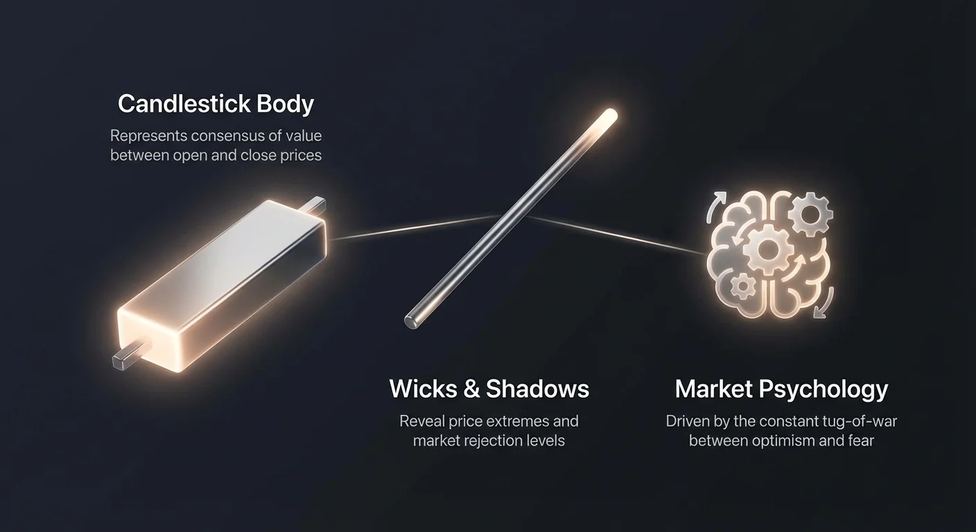 Infographic overview of candlestick components: body represents open-close price consensus, wicks and shadows show price extremes and rejections, driven by optimism-fear tug-of-war.