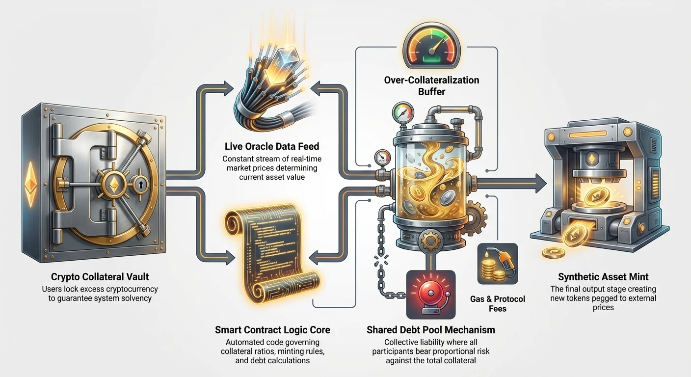 Detailed infographic of synthetic assets engine room: crypto collateral vault flows through smart contracts, live oracle feeds, shared debt pool with over-collateralization to mint synthetic tokens, including liquidation and fees.