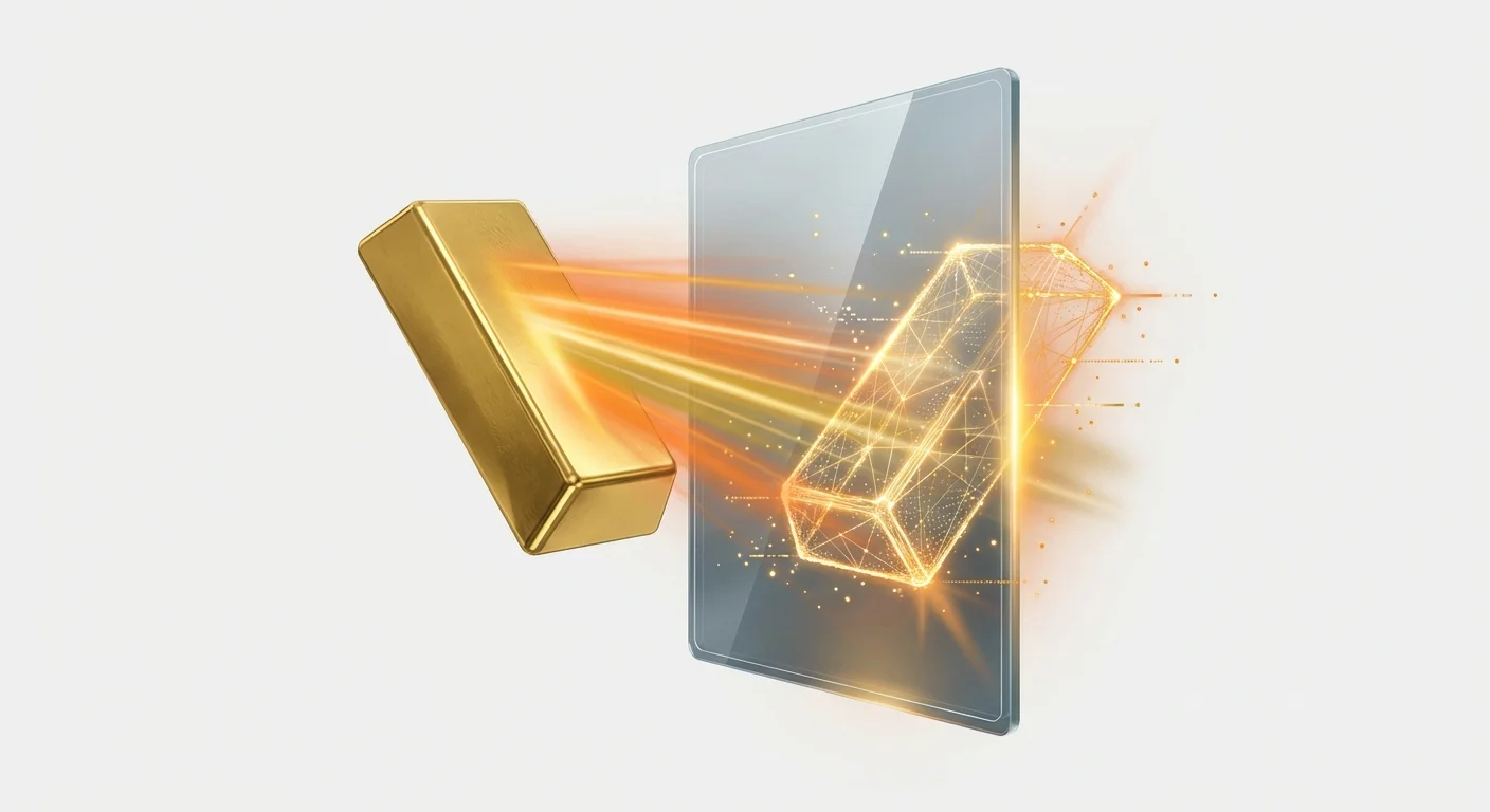 Gold bar with stock ticker held before a futuristic data mirror, reflecting as a glowing digital wireframe blockchain token with light beams connecting physical to synthetic asset.