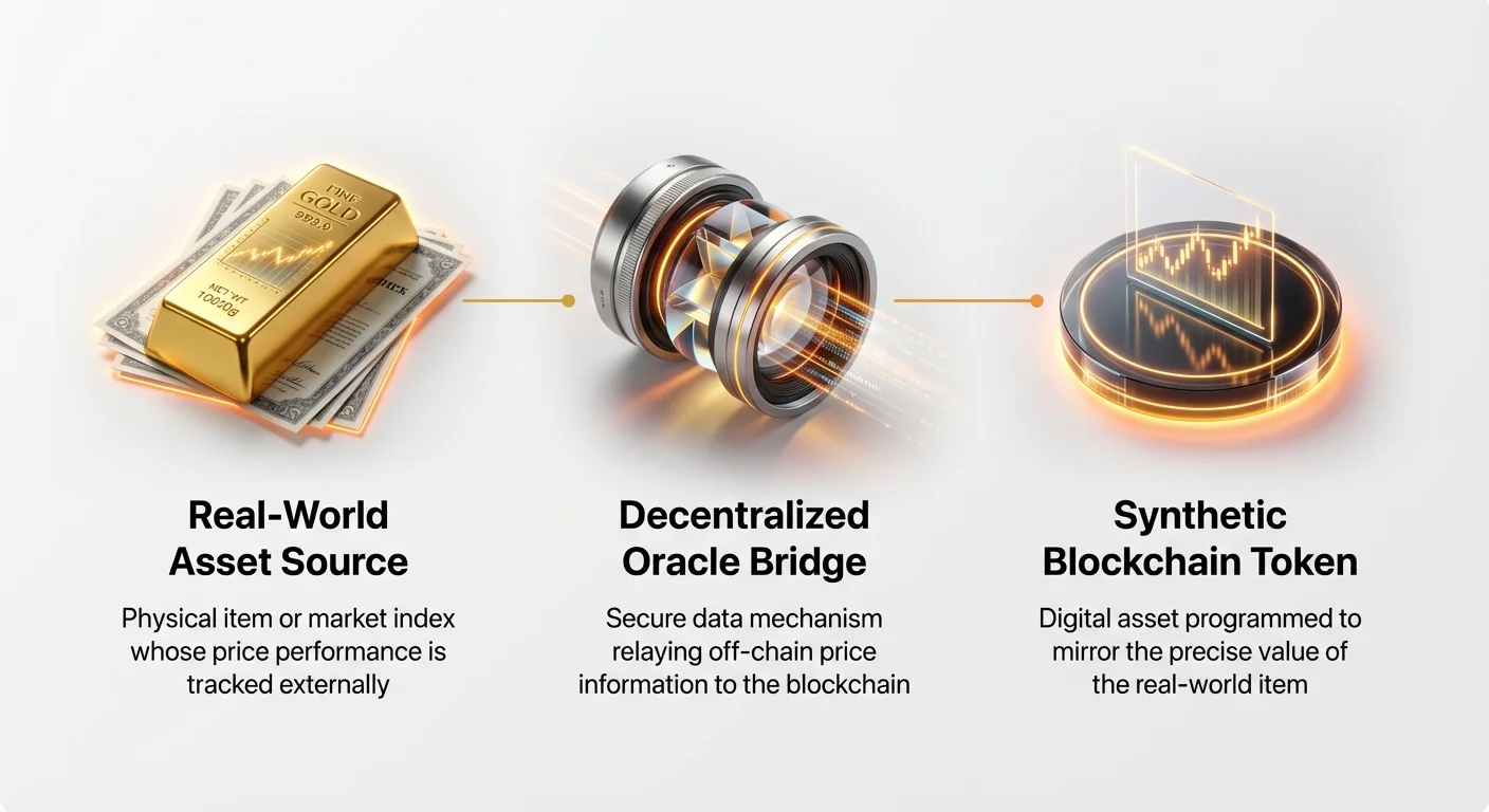Infographic showing linear flow: real-world asset source bridged by decentralized oracle to create synthetic blockchain token mirroring its value.
