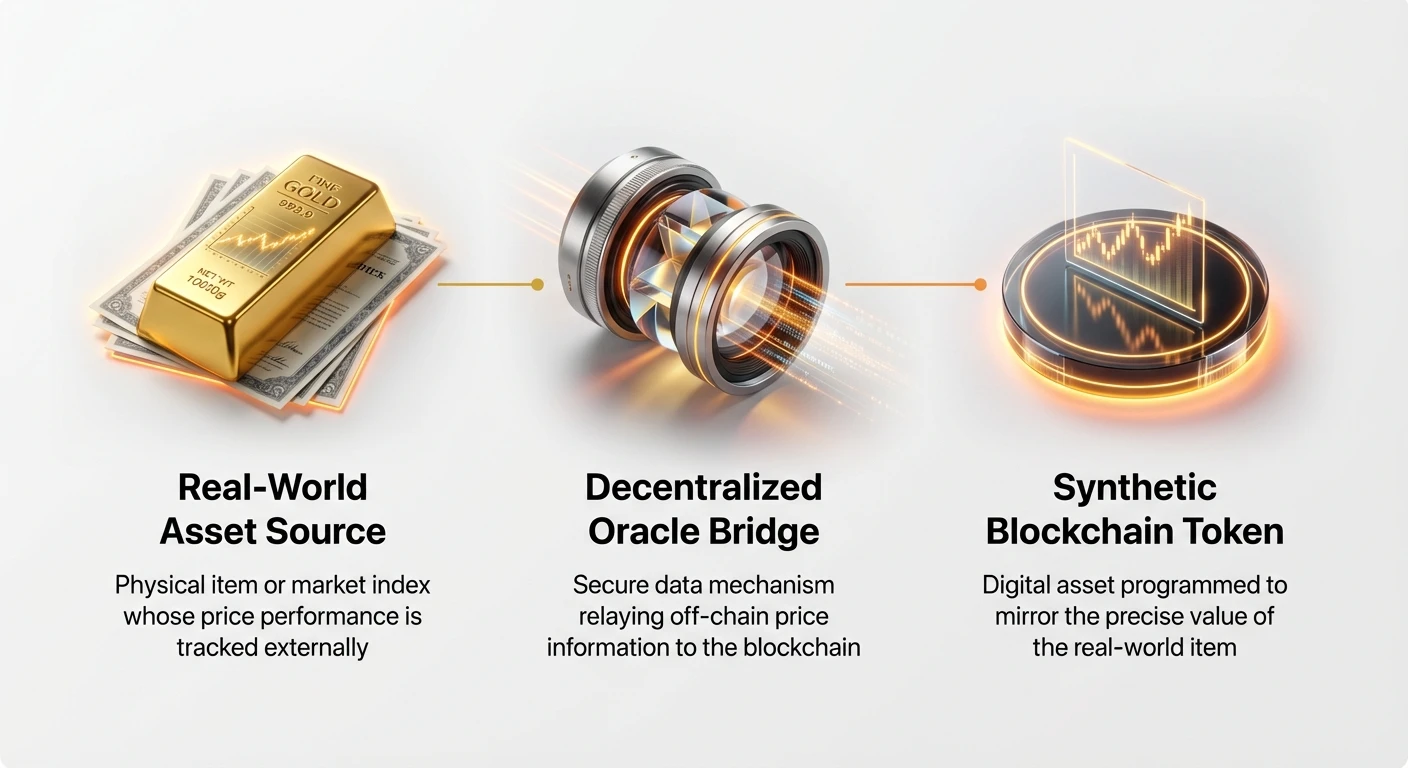 Infographic showing linear flow: real-world asset source bridged by decentralized oracle to create synthetic blockchain token mirroring its value.