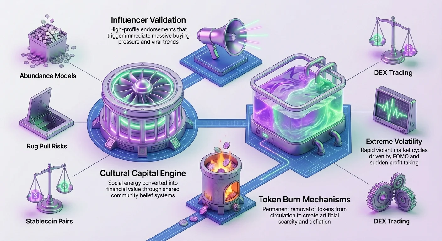Detailed infographic diagram of memecoin cultural capital engine, liquidity pools, influencer validation, token burns, extreme volatility, plus small nodes for abundance models, rug pulls, stablecoins, and DEX trading.