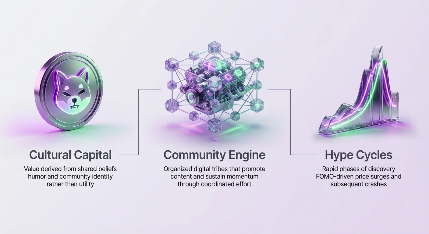 Simple infographic on memecoin cultural capital: value from shared beliefs, humor, and community identity; digital tribes promoting content; hype cycles with FOMO surges and crashes.