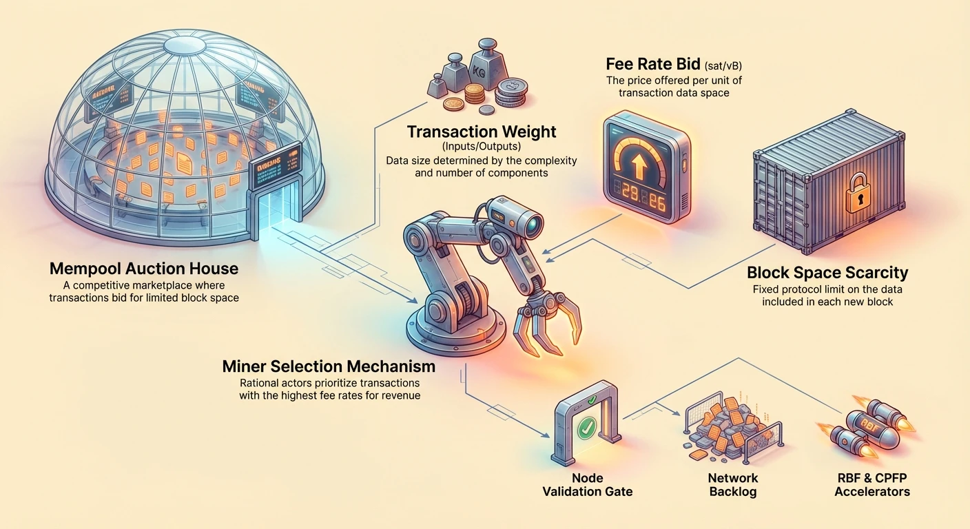 Detailed infographic showing Bitcoin mempool as auction house in funnel layout: miner selection by fee rates, transaction weights, block scarcity, validation, backlog, and RBF/CPFP accelerators.
